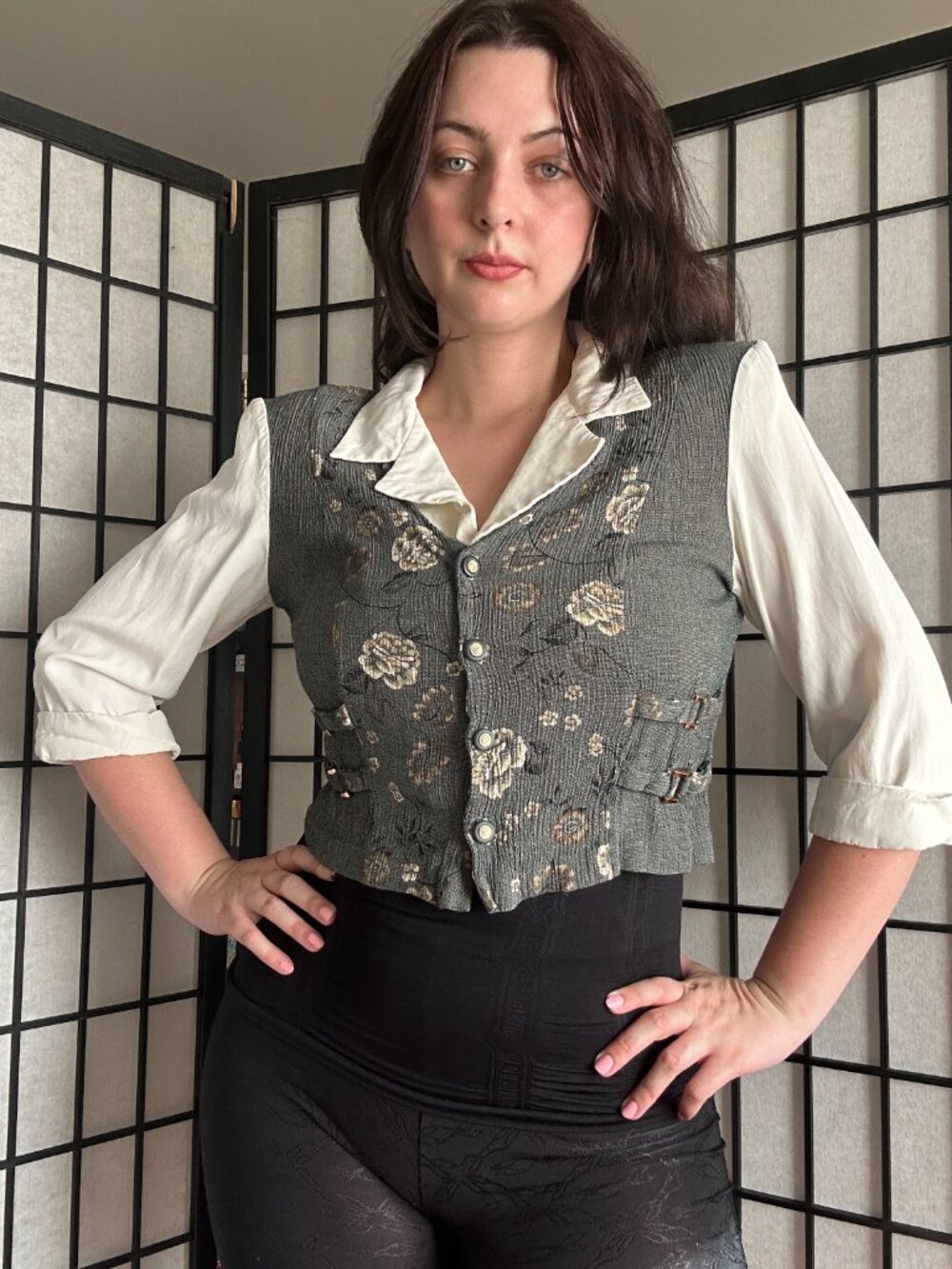 80s Collared Vest Top (S) small grey white vintage womens smart twee preppy cute